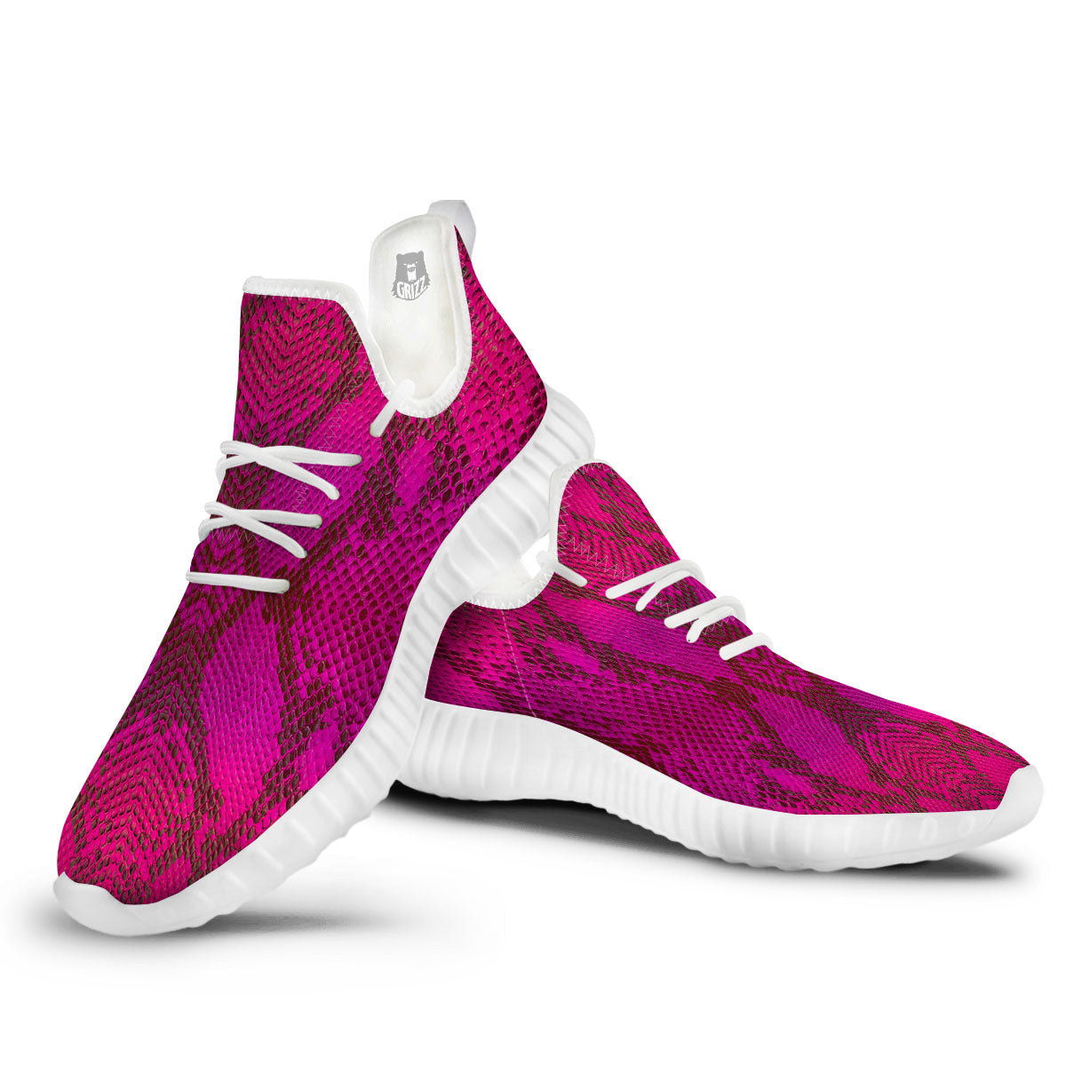 Snakeskin Black And Pink Magenta Print White Walking Shoes-grizzshop