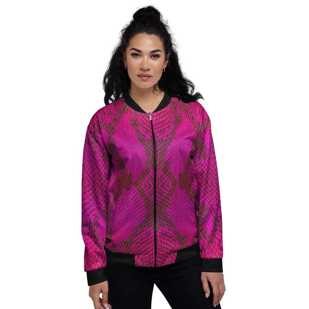 Snakeskin Black And Pink Magenta Print Women's Bomber Jacket-grizzshop
