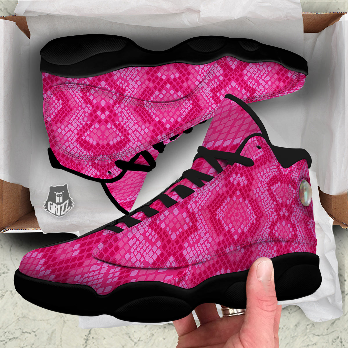 Snakeskin Black And Pink Neon Print Black Basketball Shoes-grizzshop