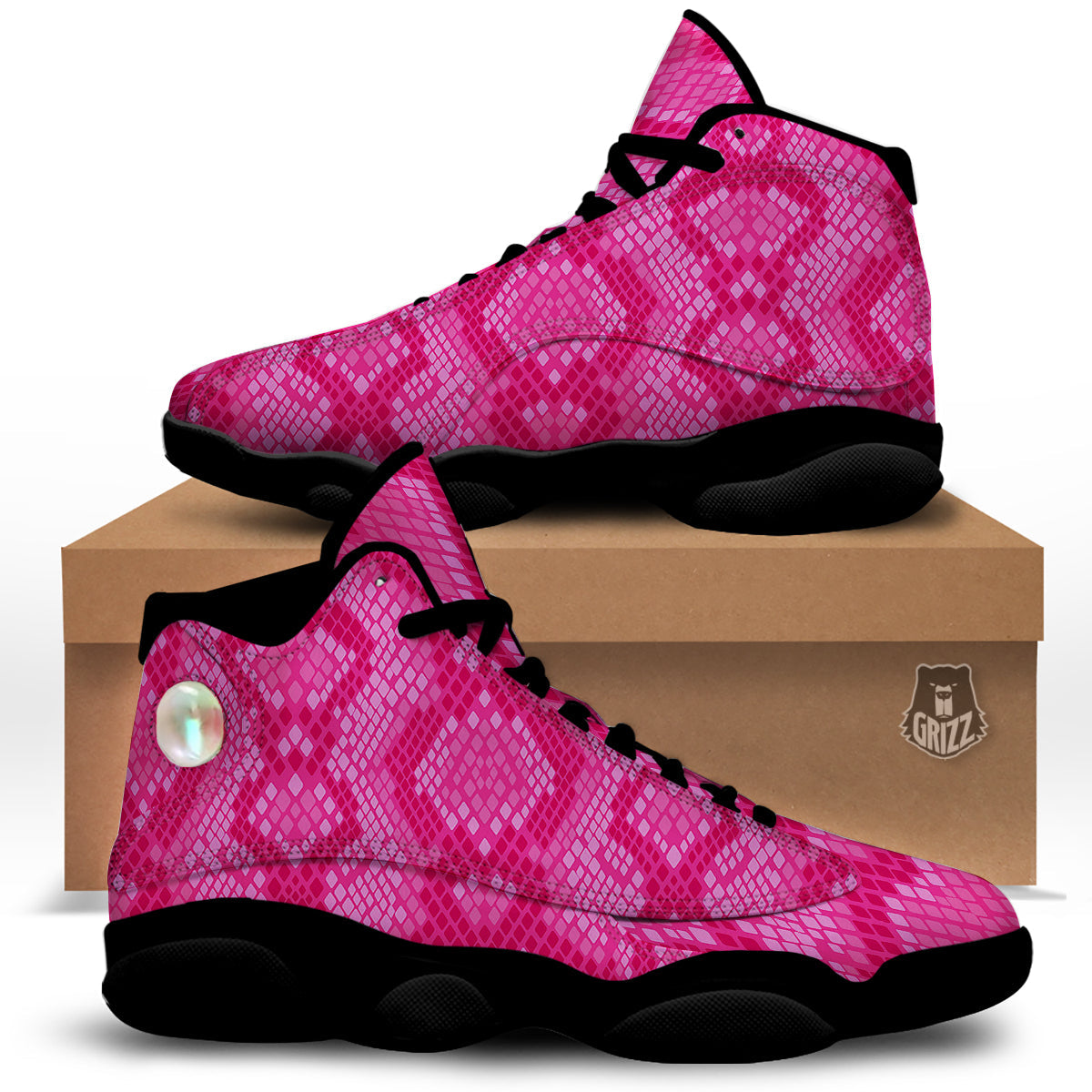 Snakeskin Black And Pink Neon Print Black Basketball Shoes-grizzshop