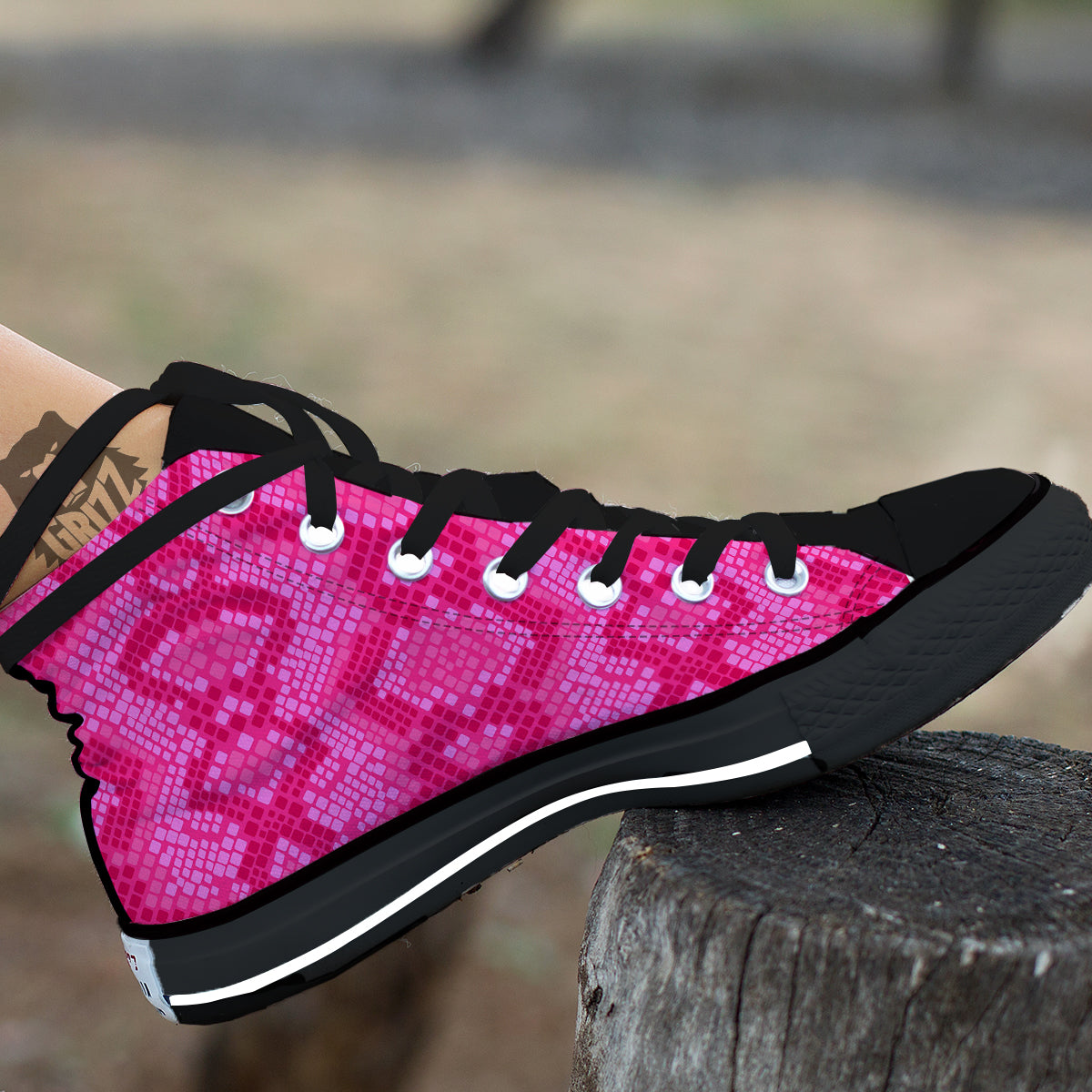 Snakeskin Black And Pink Neon Print Black High Top Shoes-grizzshop