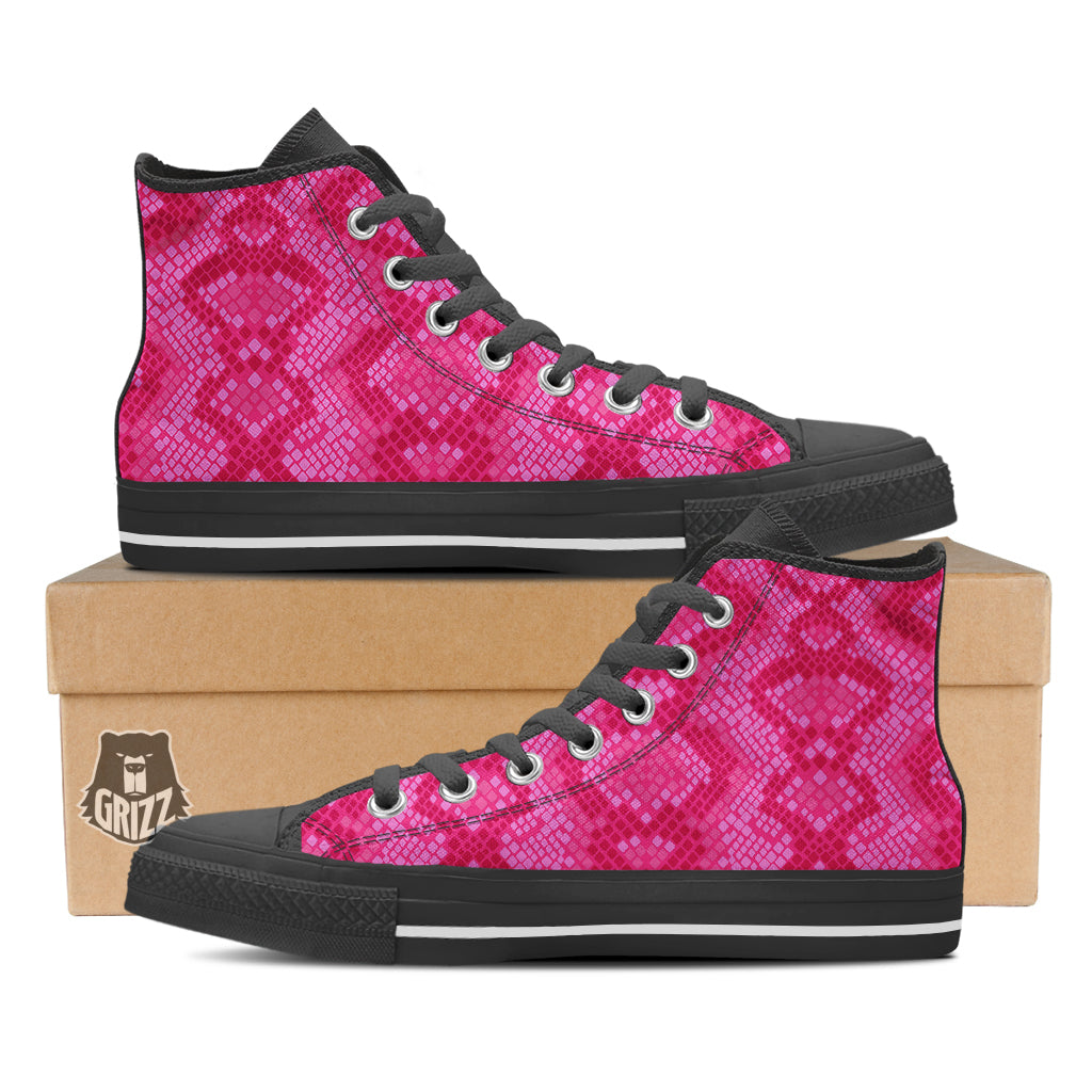 Snakeskin Black And Pink Neon Print Black High Top Shoes-grizzshop
