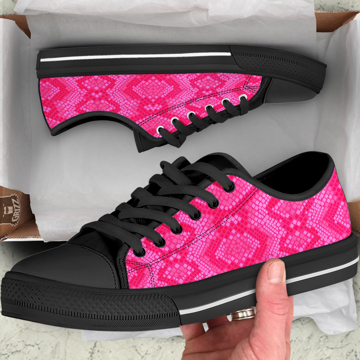 Snakeskin Black And Pink Neon Print Black Low Top Shoes-grizzshop