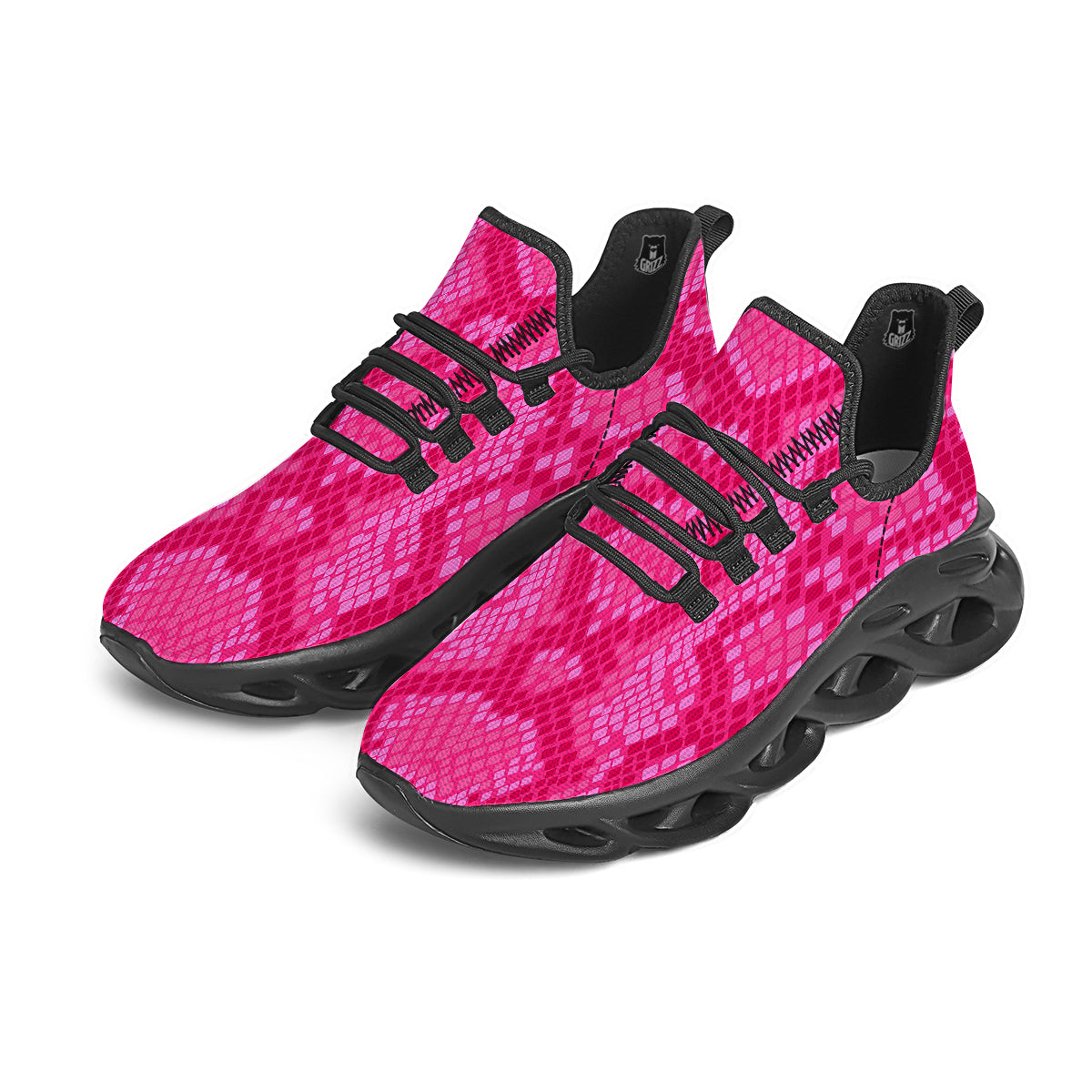 Snakeskin Black And Pink Neon Print Black Running Shoes-grizzshop