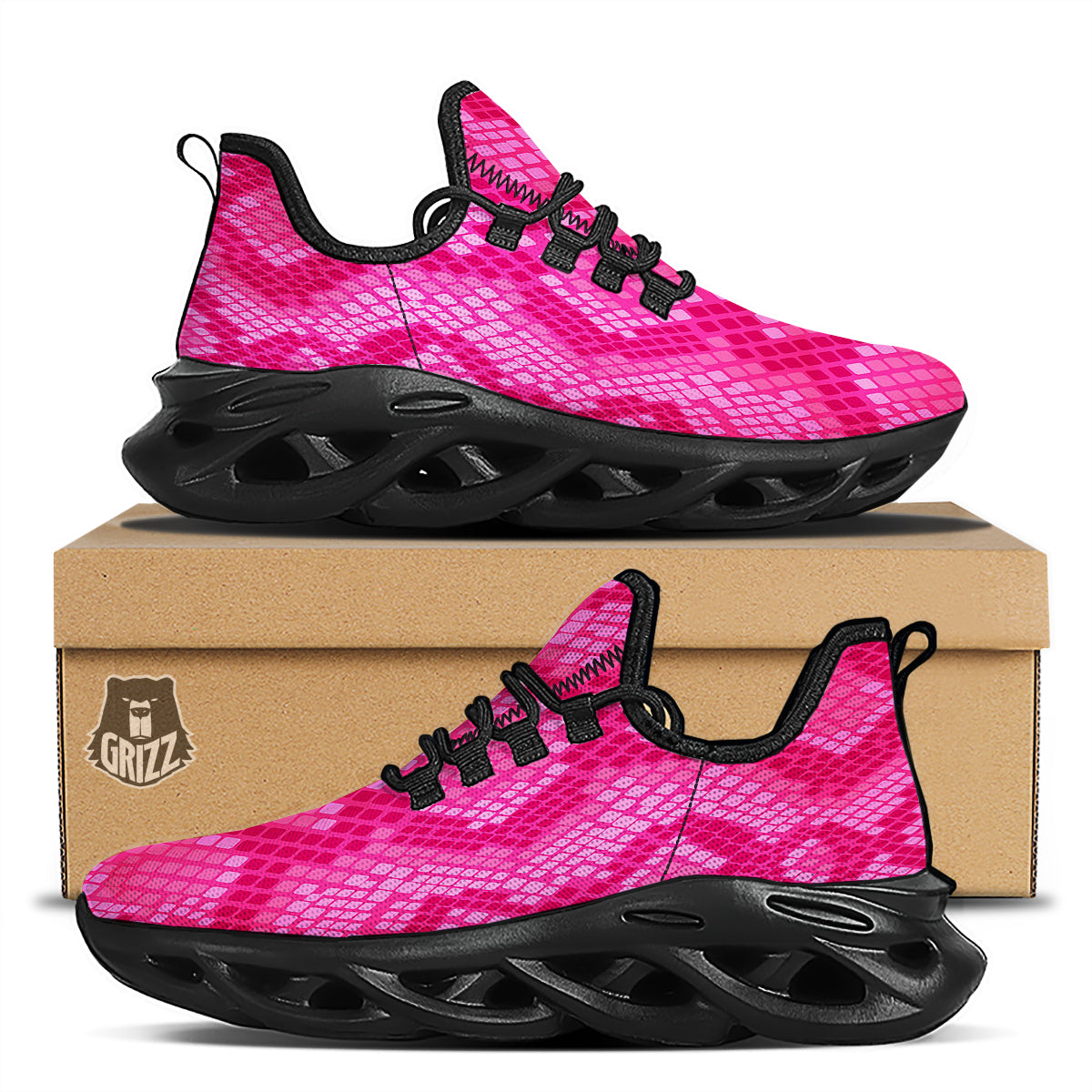 Snakeskin Black And Pink Neon Print Black Running Shoes-grizzshop