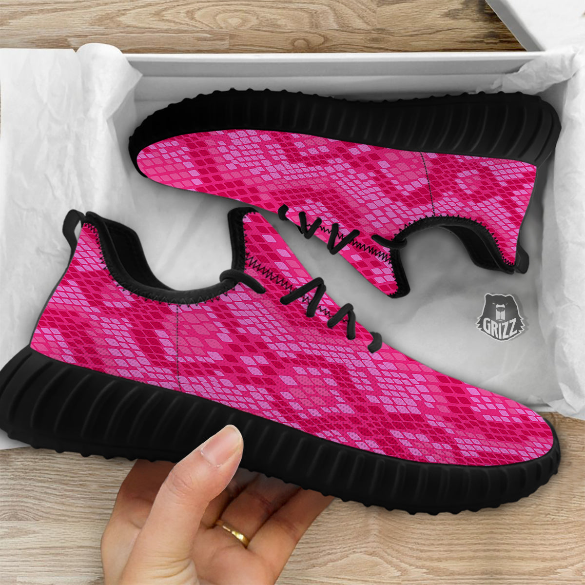 Snakeskin Black And Pink Neon Print Black Walking Shoes-grizzshop