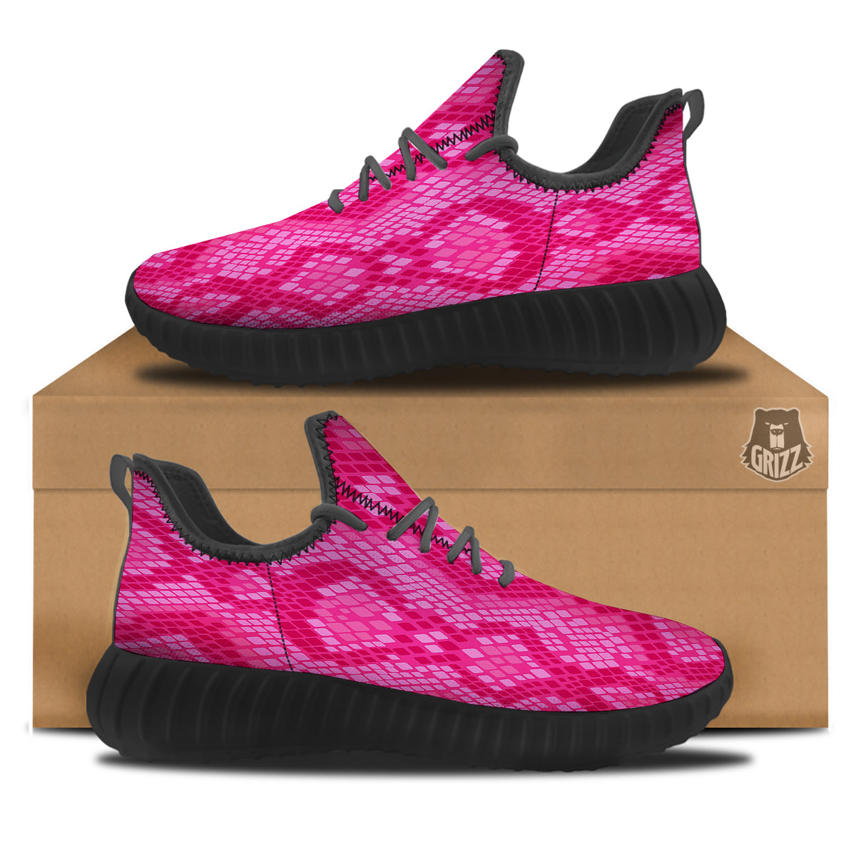 Snakeskin Black And Pink Neon Print Black Walking Shoes-grizzshop