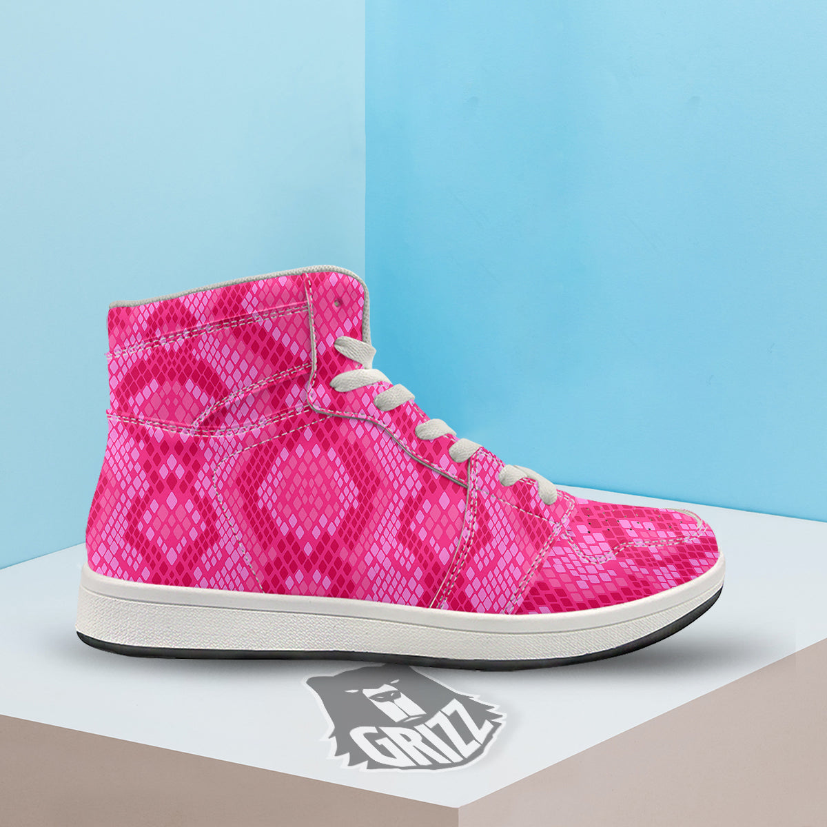 Snakeskin Black And Pink Neon Print High Top Sneakers-grizzshop