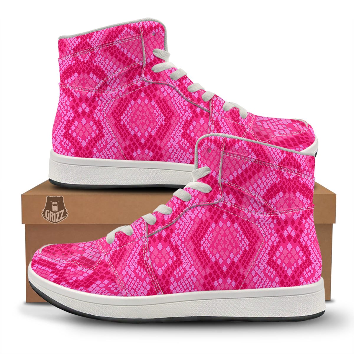 Snakeskin Black And Pink Neon Print High Top Sneakers-grizzshop