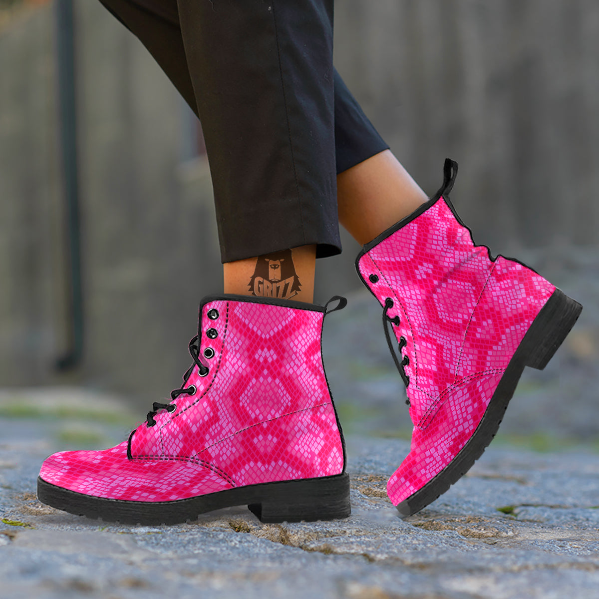 Snakeskin Black And Pink Neon Print Leather Boots-grizzshop