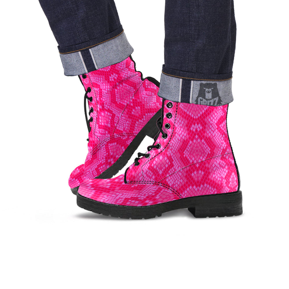 Snakeskin Black And Pink Neon Print Leather Boots-grizzshop