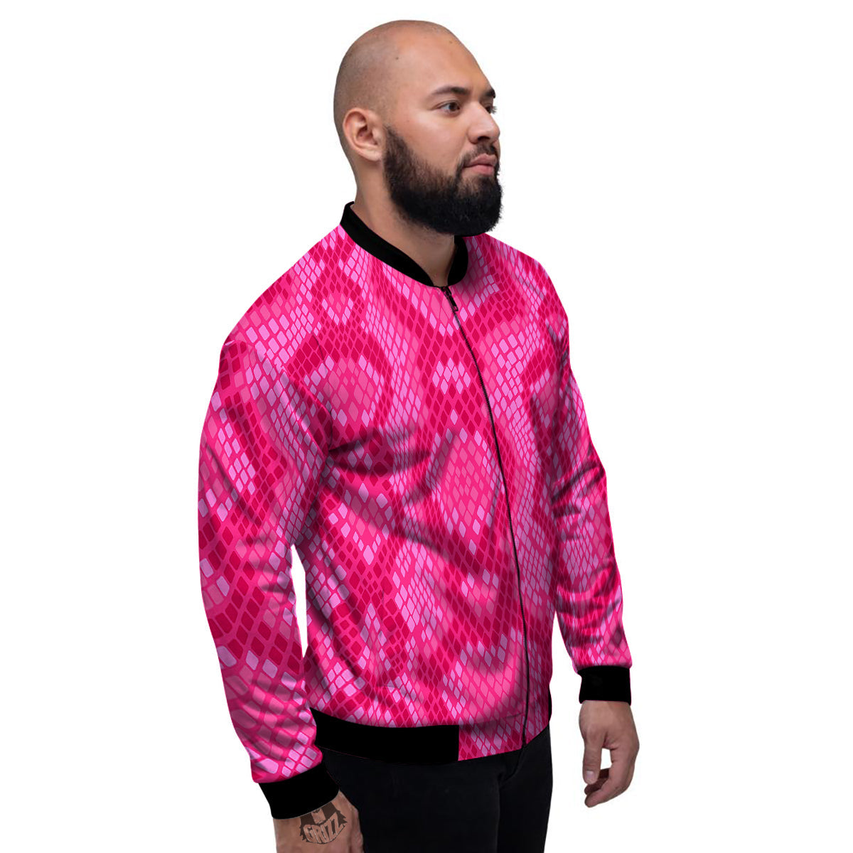 Snakeskin Black And Pink Neon Print Men's Bomber Jacket-grizzshop