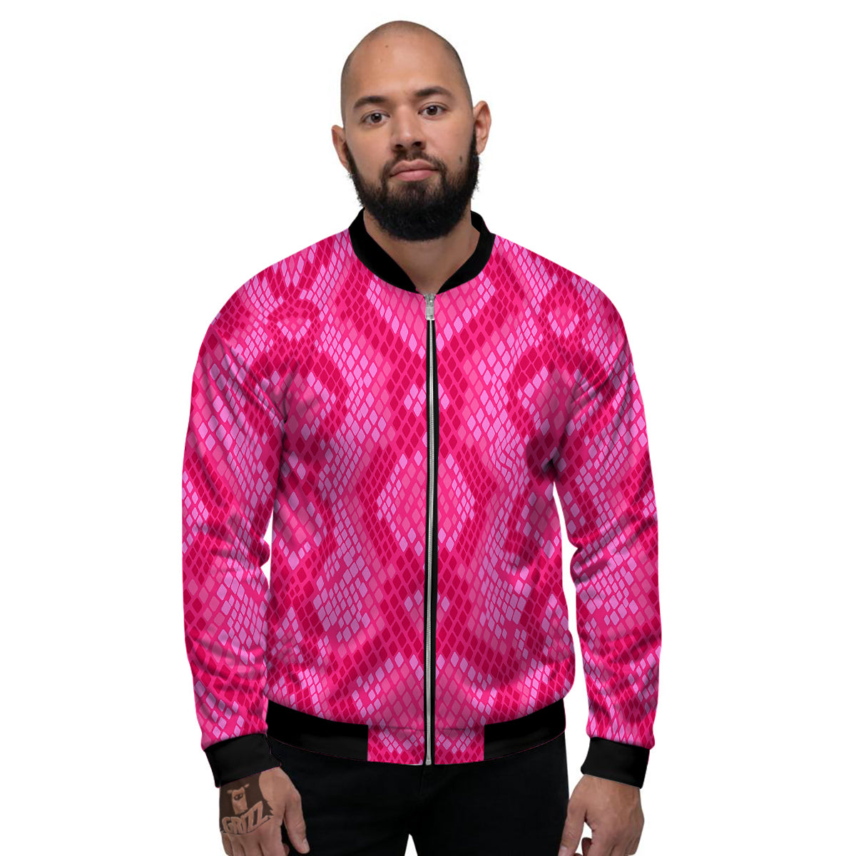 Snakeskin Black And Pink Neon Print Men's Bomber Jacket-grizzshop