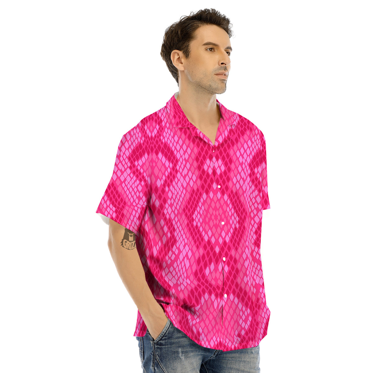 Snakeskin Black And Pink Neon Print Men's Hawaiian Shirt-grizzshop