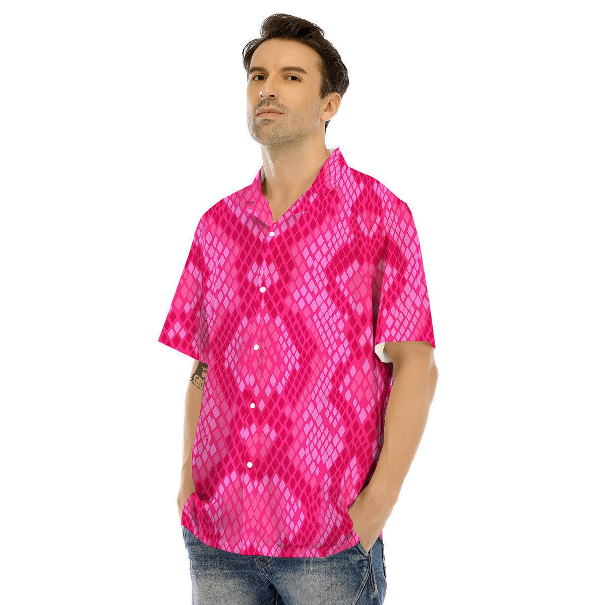 Snakeskin Black And Pink Neon Print Men's Hawaiian Shirt-grizzshop