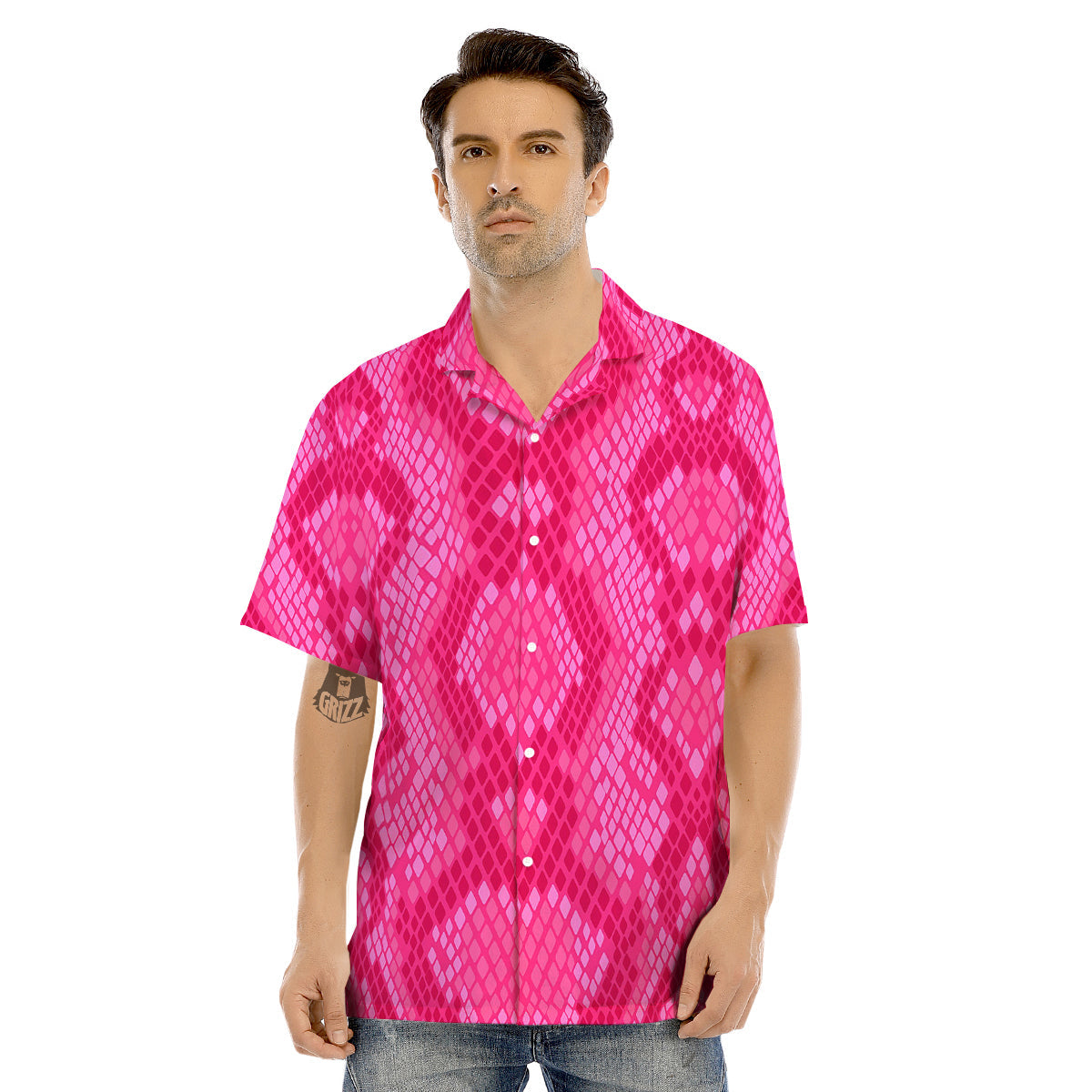 Snakeskin Black And Pink Neon Print Men's Hawaiian Shirt-grizzshop