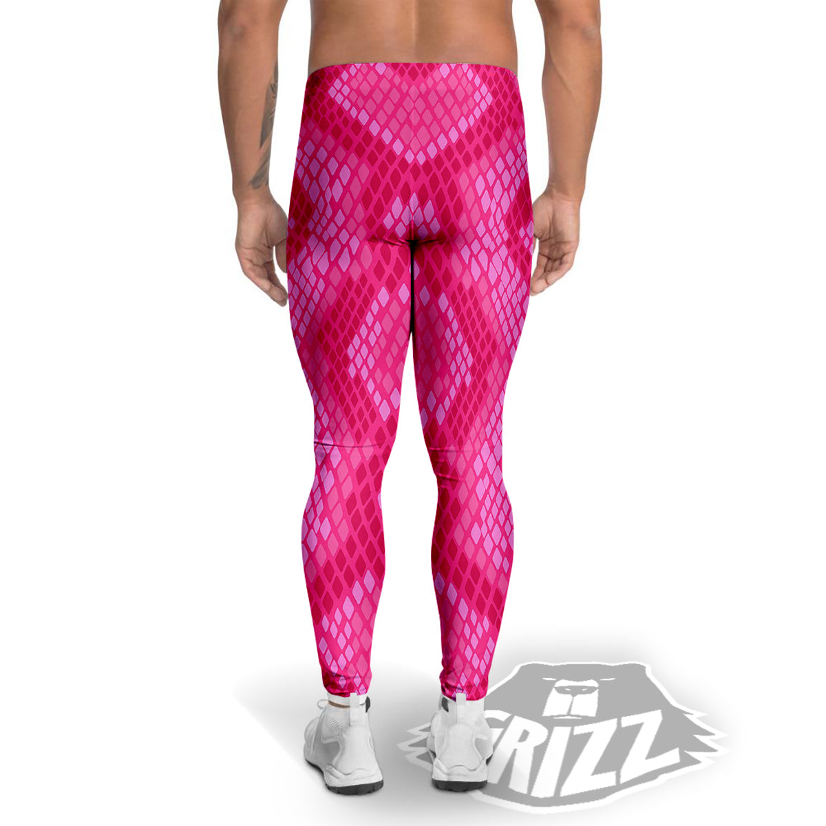 Snakeskin Black And Pink Neon Print Men's Leggings-grizzshop