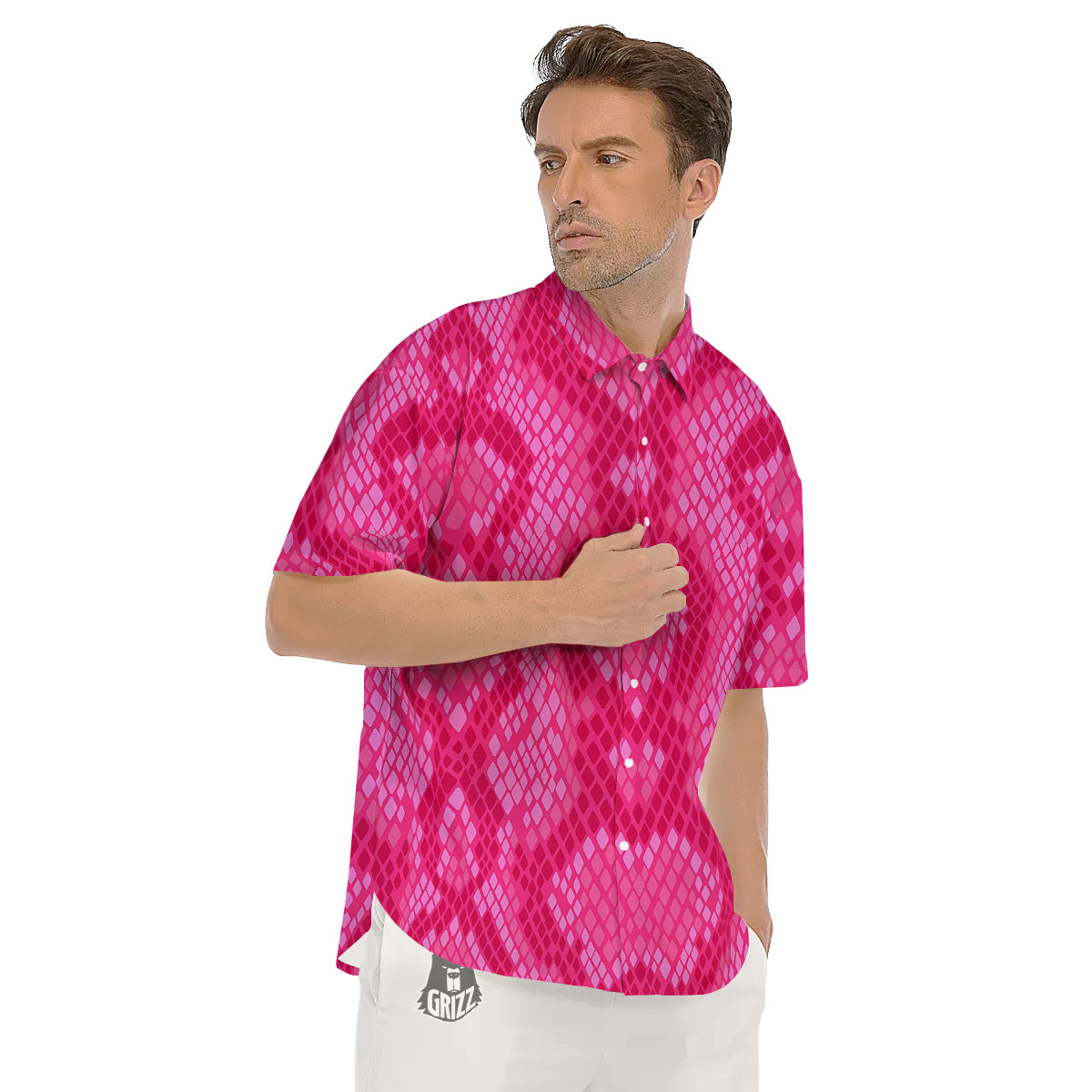 Snakeskin Black And Pink Neon Print Men's Short Sleeve Shirts-grizzshop