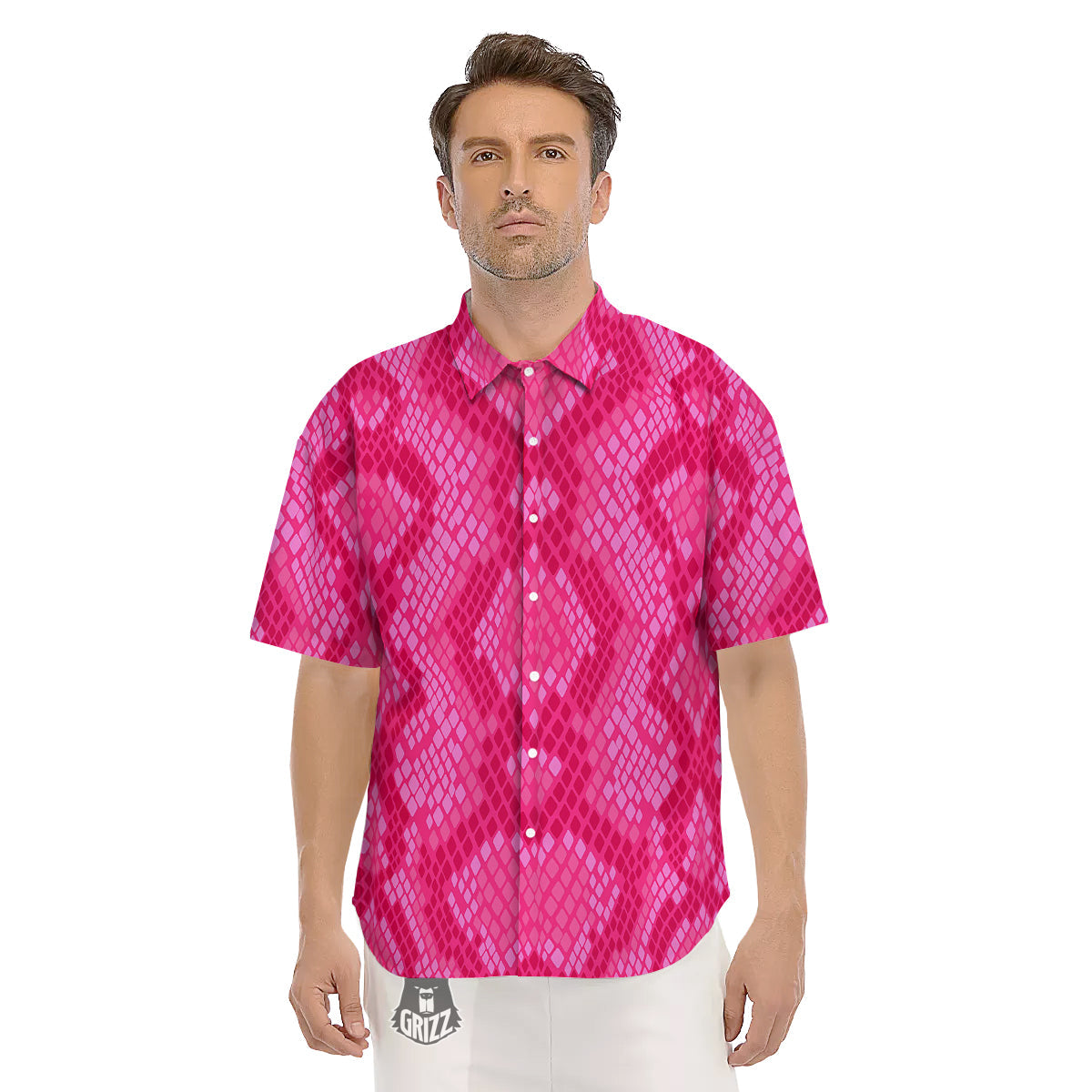 Snakeskin Black And Pink Neon Print Men's Short Sleeve Shirts-grizzshop