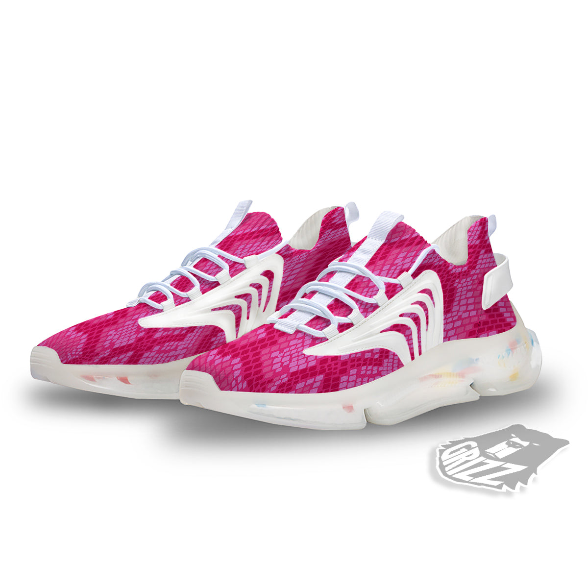 Snakeskin Black And Pink Neon Print White Gym Shoes-grizzshop