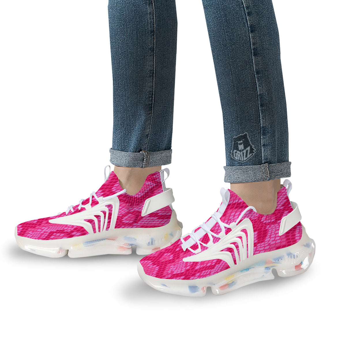 Snakeskin Black And Pink Neon Print White Gym Shoes-grizzshop