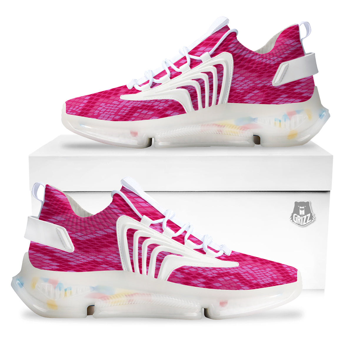 Snakeskin Black And Pink Neon Print White Gym Shoes-grizzshop