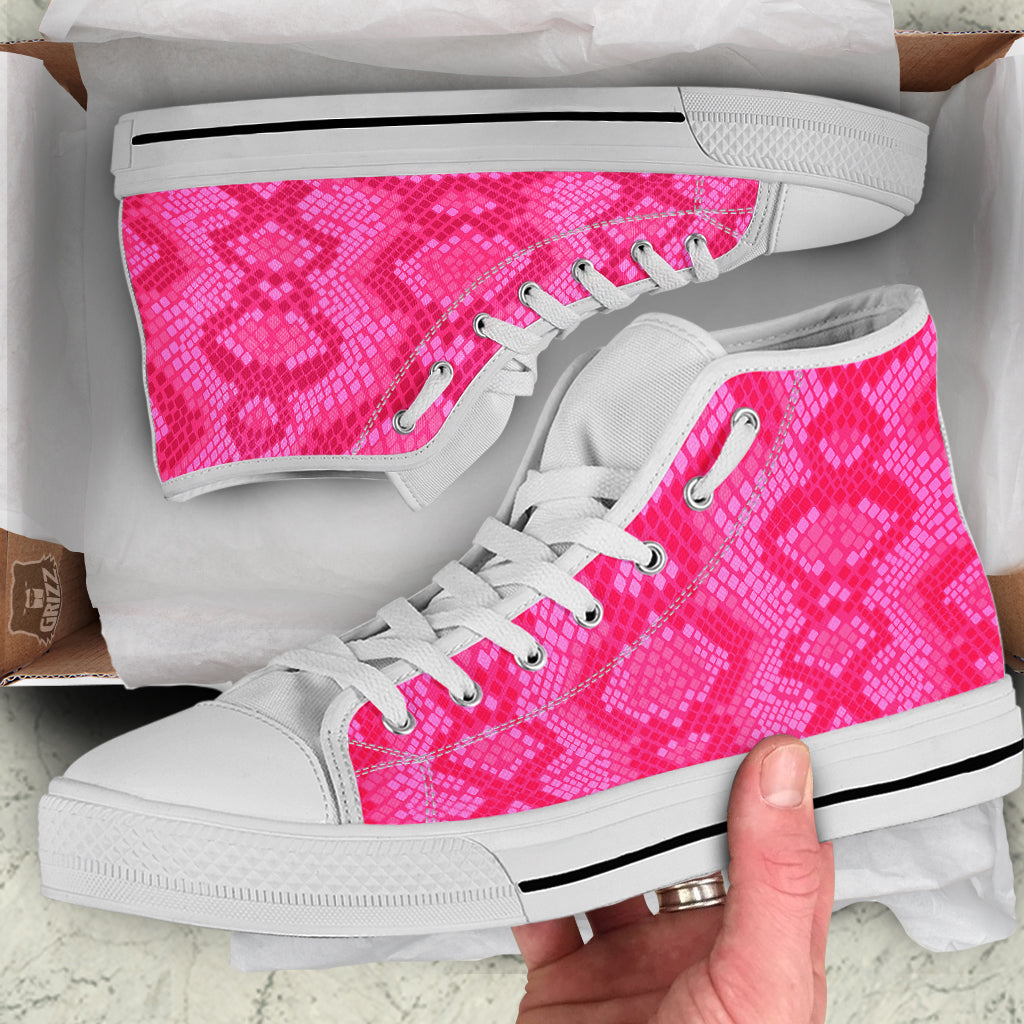 Snakeskin Black And Pink Neon Print White High Top Shoes-grizzshop