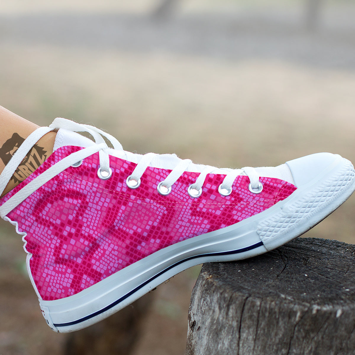 Snakeskin Black And Pink Neon Print White High Top Shoes-grizzshop
