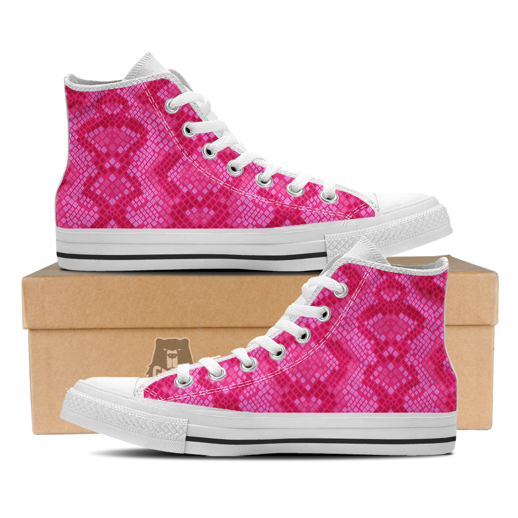 Snakeskin Black And Pink Neon Print White High Top Shoes-grizzshop