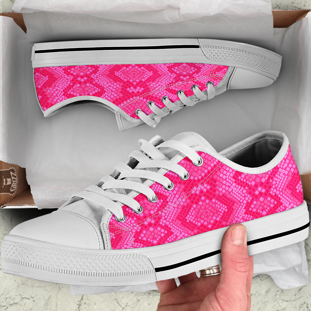Snakeskin Black And Pink Neon Print White Low Top Shoes-grizzshop