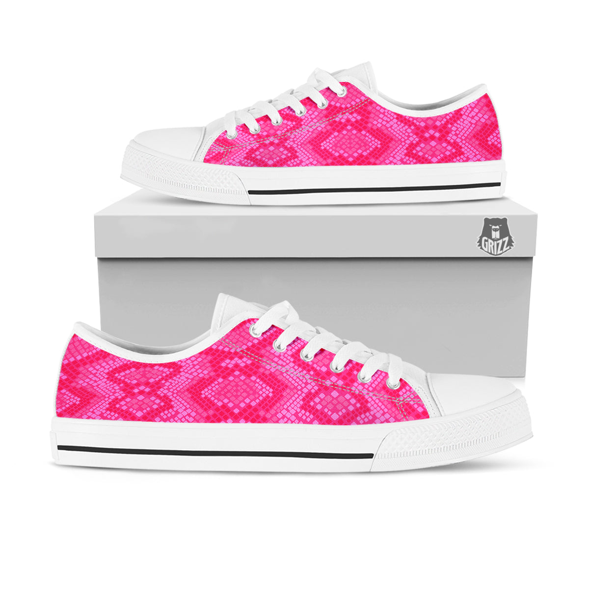 Snakeskin Black And Pink Neon Print White Low Top Shoes-grizzshop