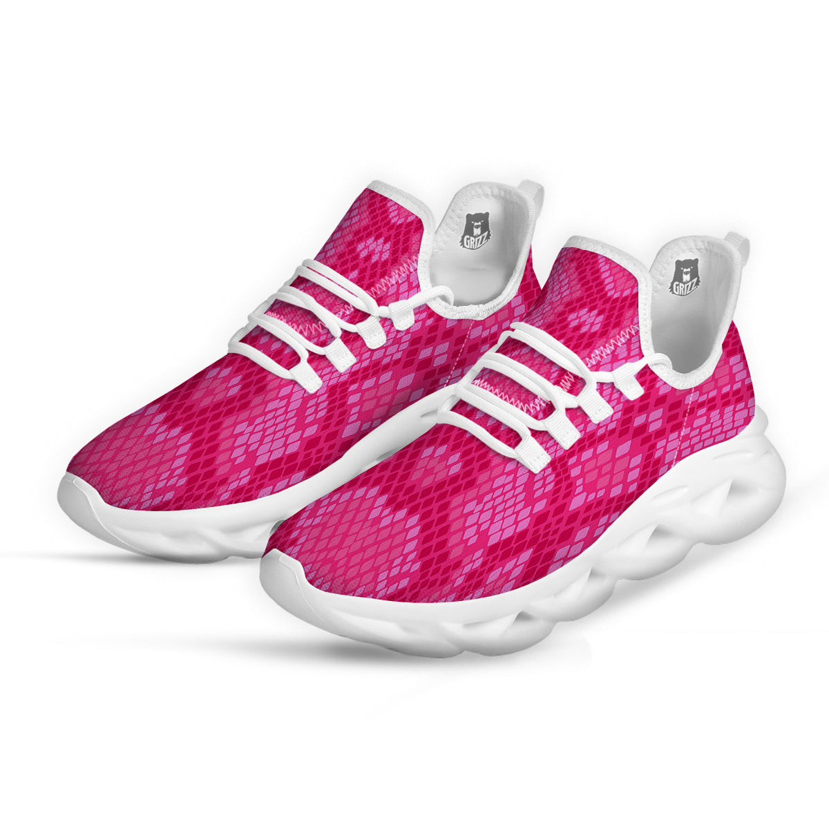 Snakeskin Black And Pink Neon Print White Running Shoes-grizzshop
