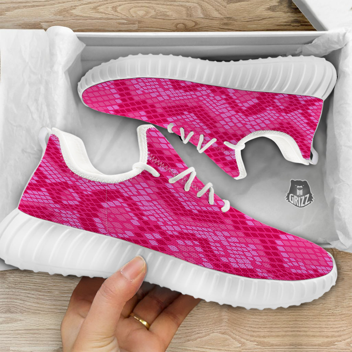 Snakeskin Black And Pink Neon Print White Walking Shoes-grizzshop