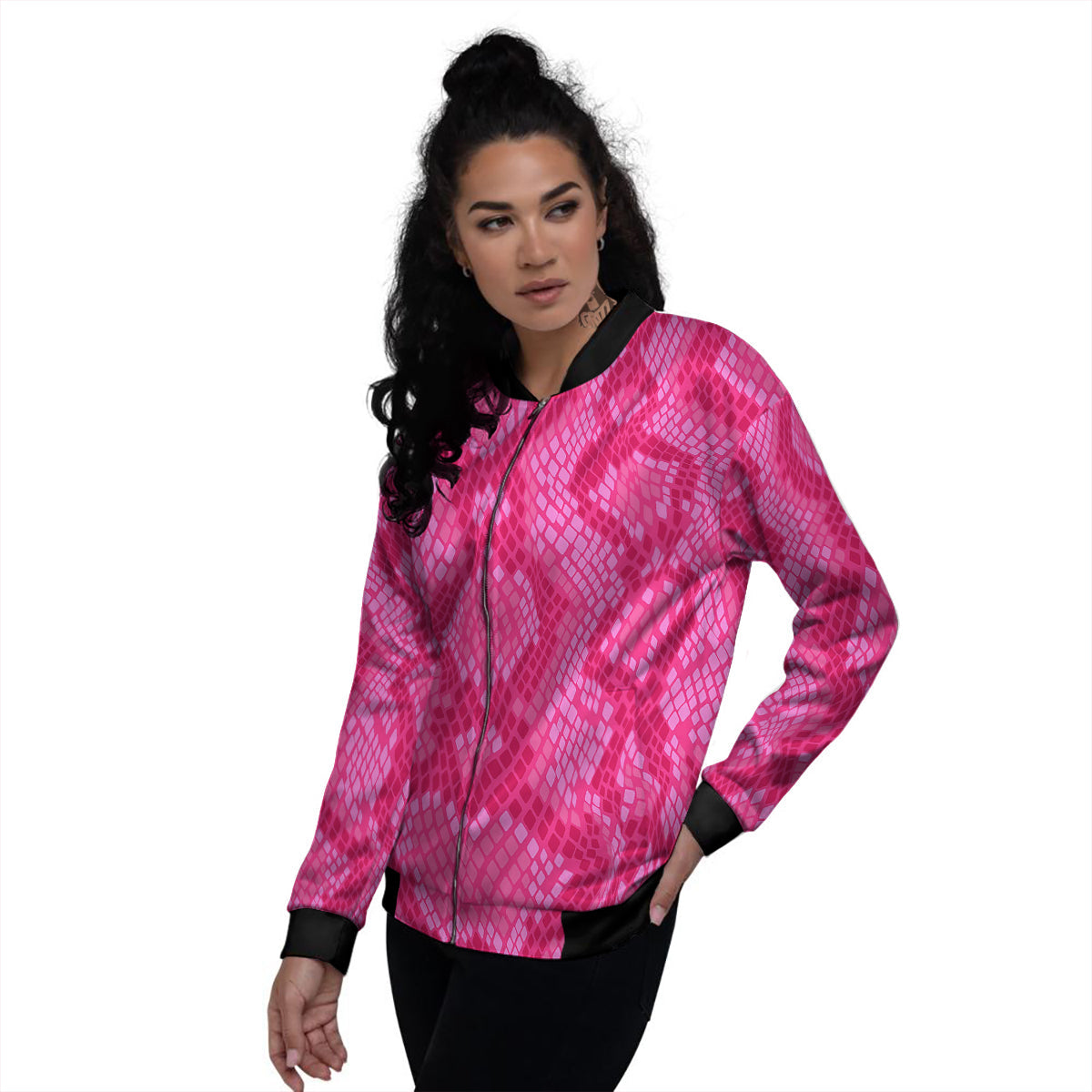 Snakeskin Black And Pink Neon Print Women's Bomber Jacket-grizzshop