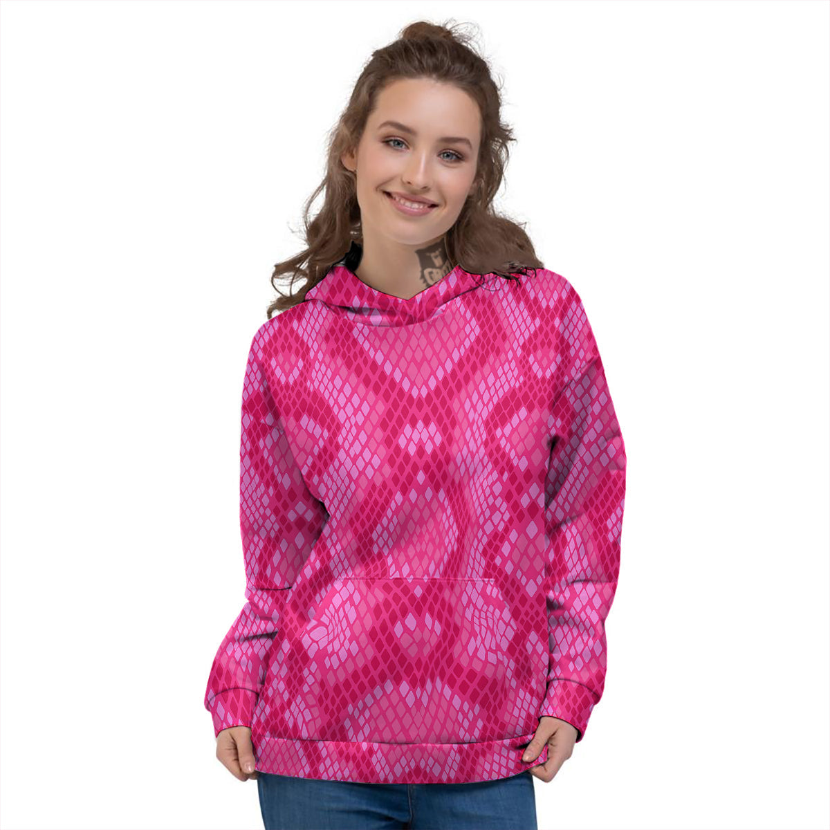 Snakeskin Black And Pink Neon Print Women's Hoodie-grizzshop