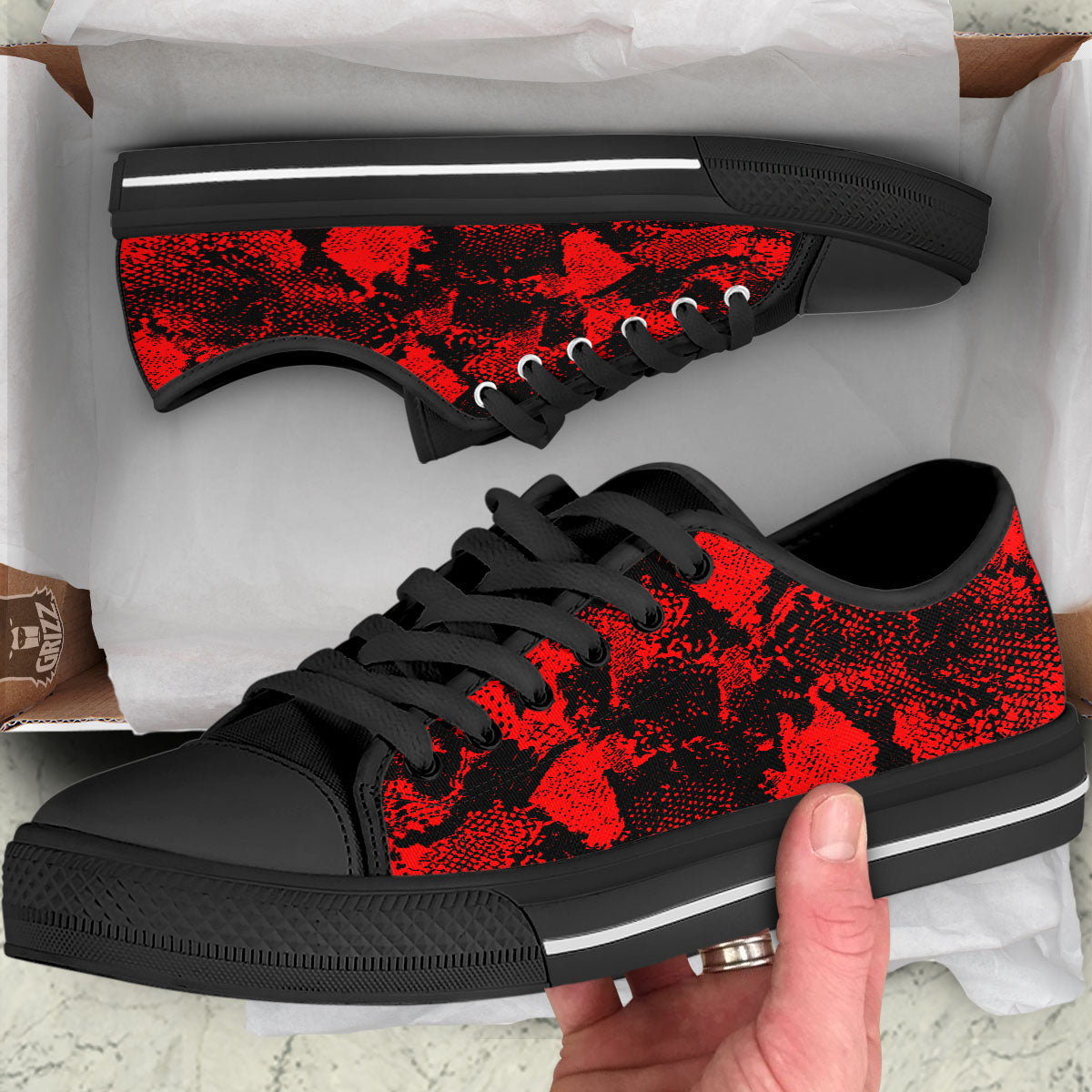 Snakeskin Black And Red Print Black Low Top Shoes-grizzshop