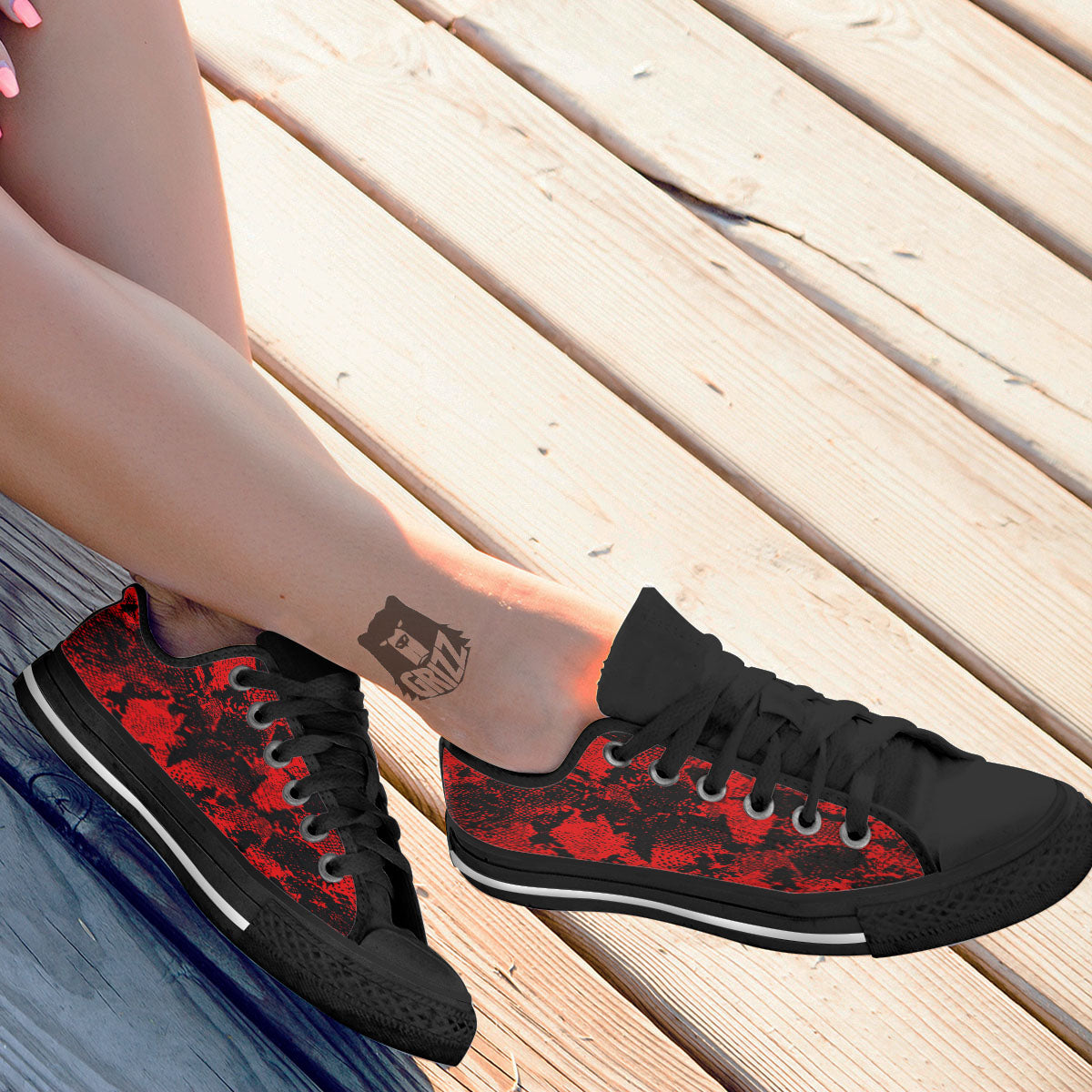 Snakeskin Black And Red Print Black Low Top Shoes-grizzshop