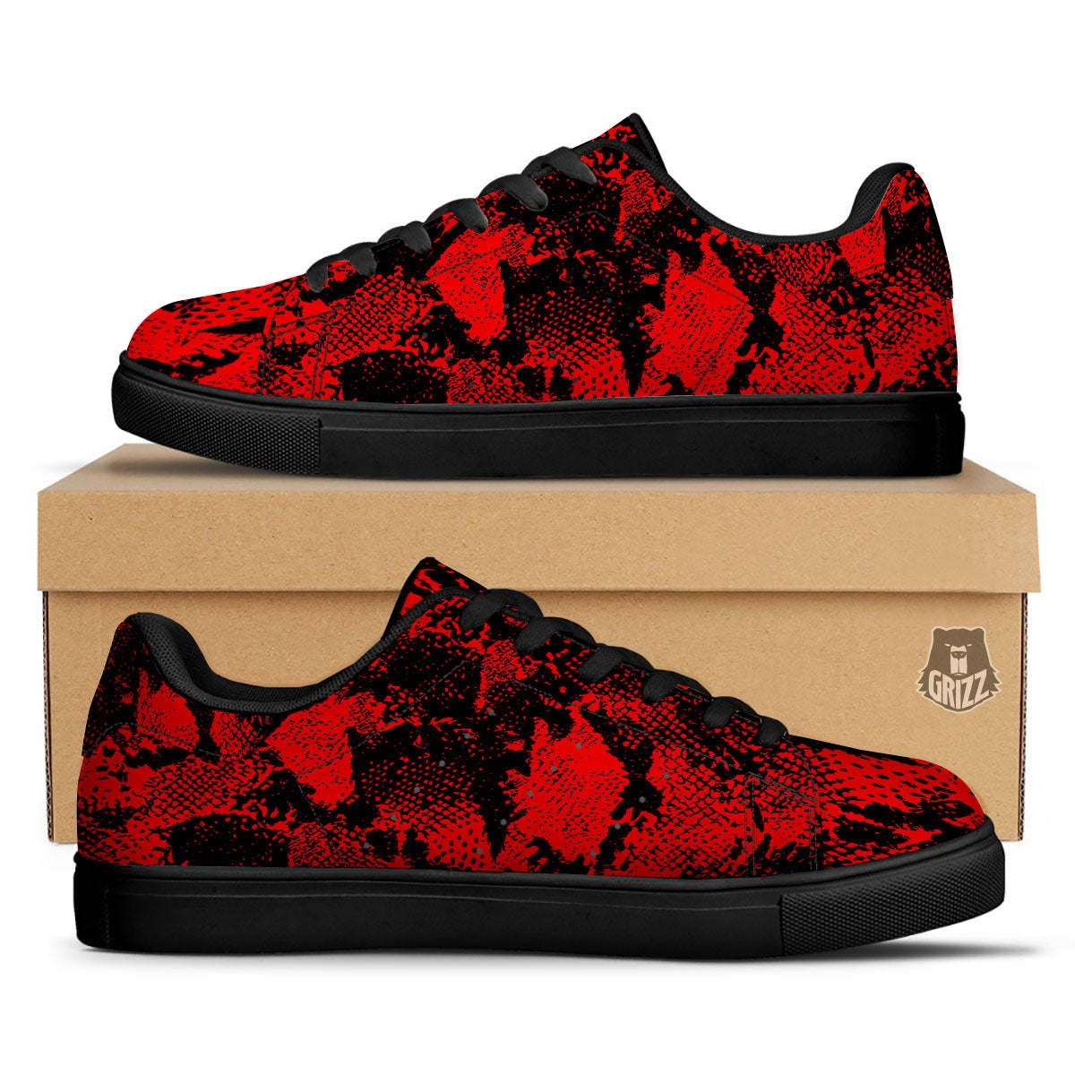 Snakeskin Black And Red Print Black Low Top Sneakers-grizzshop