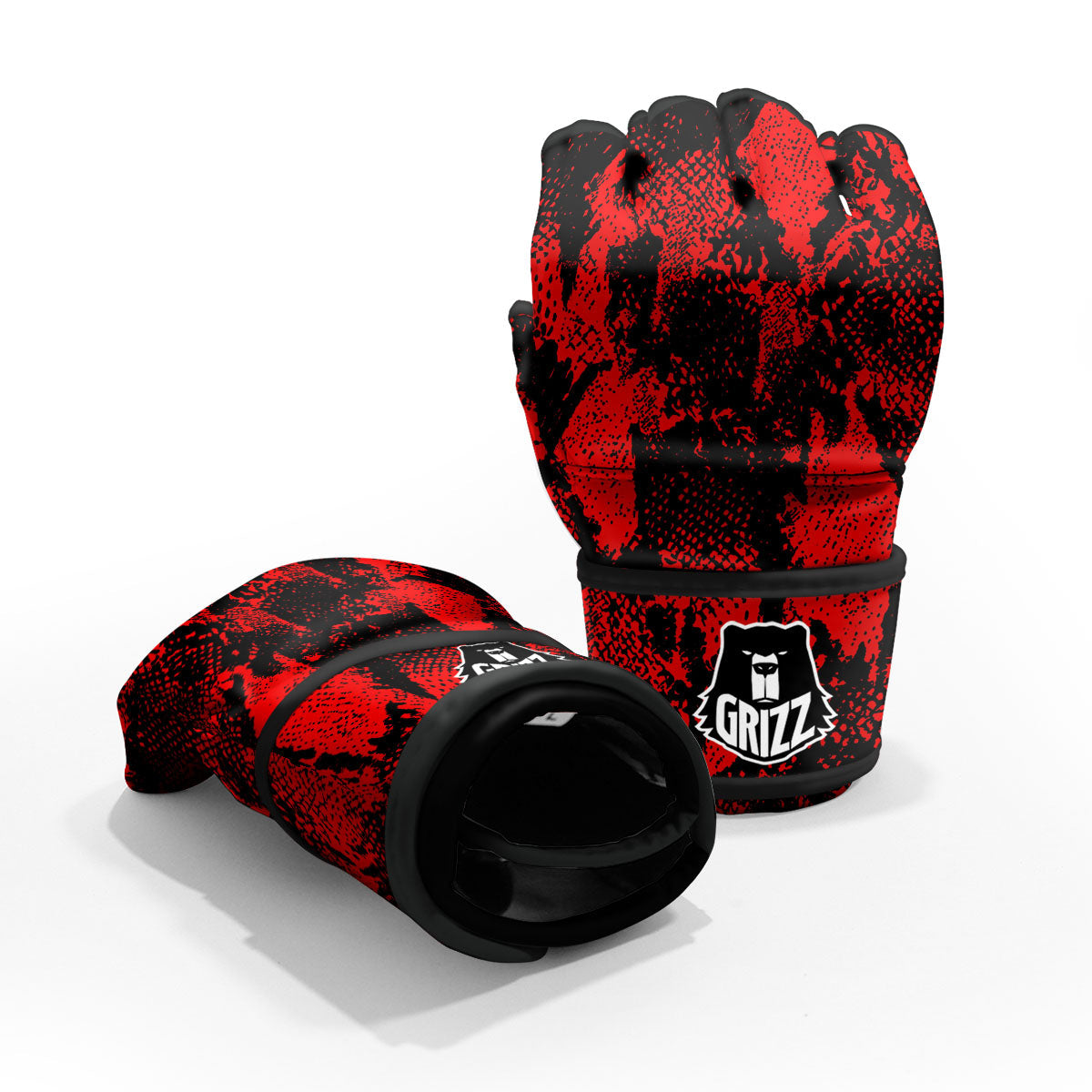 Snakeskin Black And Red Print MMA Gloves-grizzshop