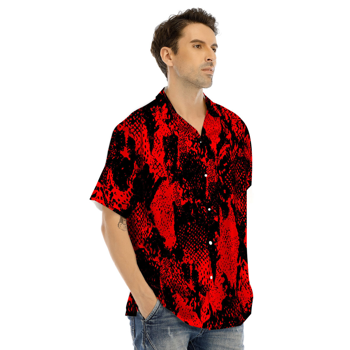 Snakeskin Black And Red Print Men's Hawaiian Shirt-grizzshop