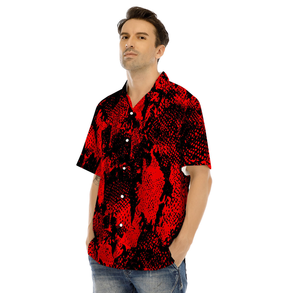 Snakeskin Black And Red Print Men's Hawaiian Shirt-grizzshop