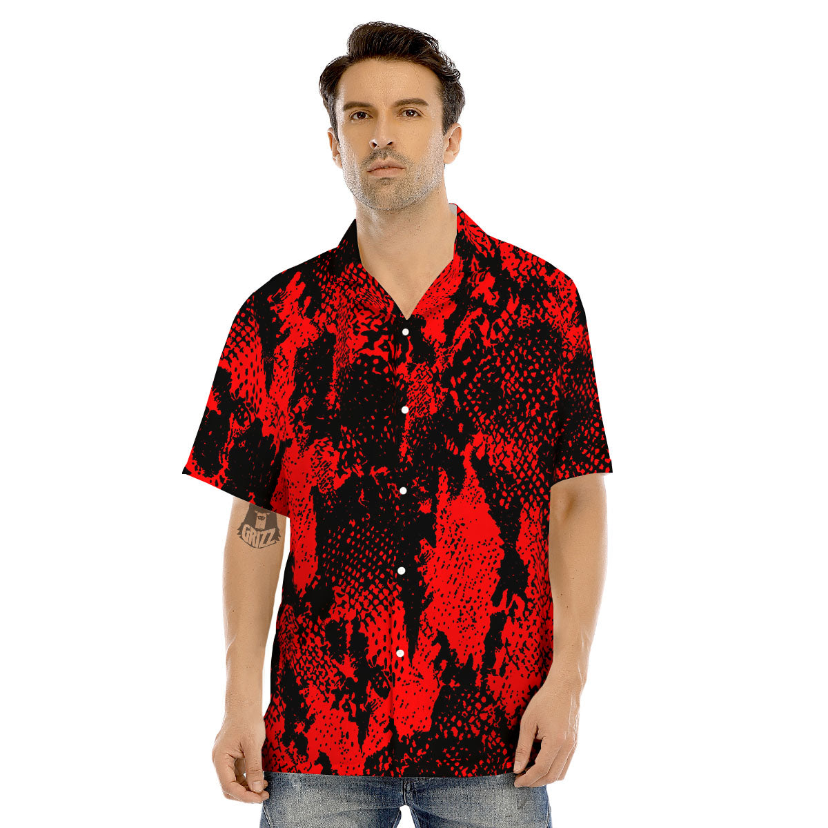 Snakeskin Black And Red Print Men's Hawaiian Shirt-grizzshop