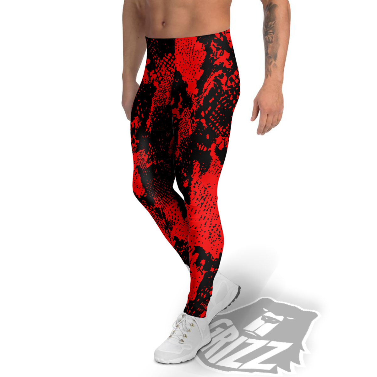 Snakeskin Black And Red Print Men's Leggings-grizzshop