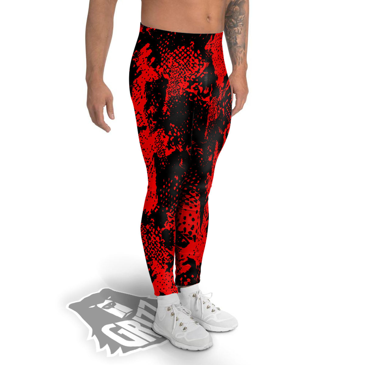 Snakeskin Black And Red Print Men's Leggings-grizzshop