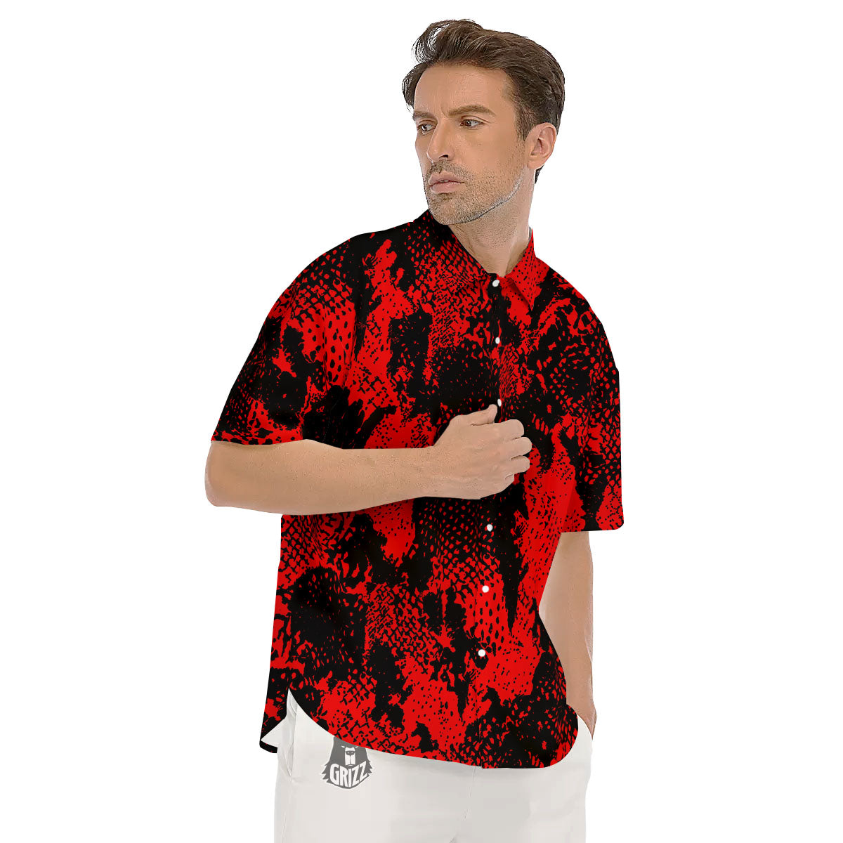 Snakeskin Black And Red Print Men's Short Sleeve Shirts-grizzshop