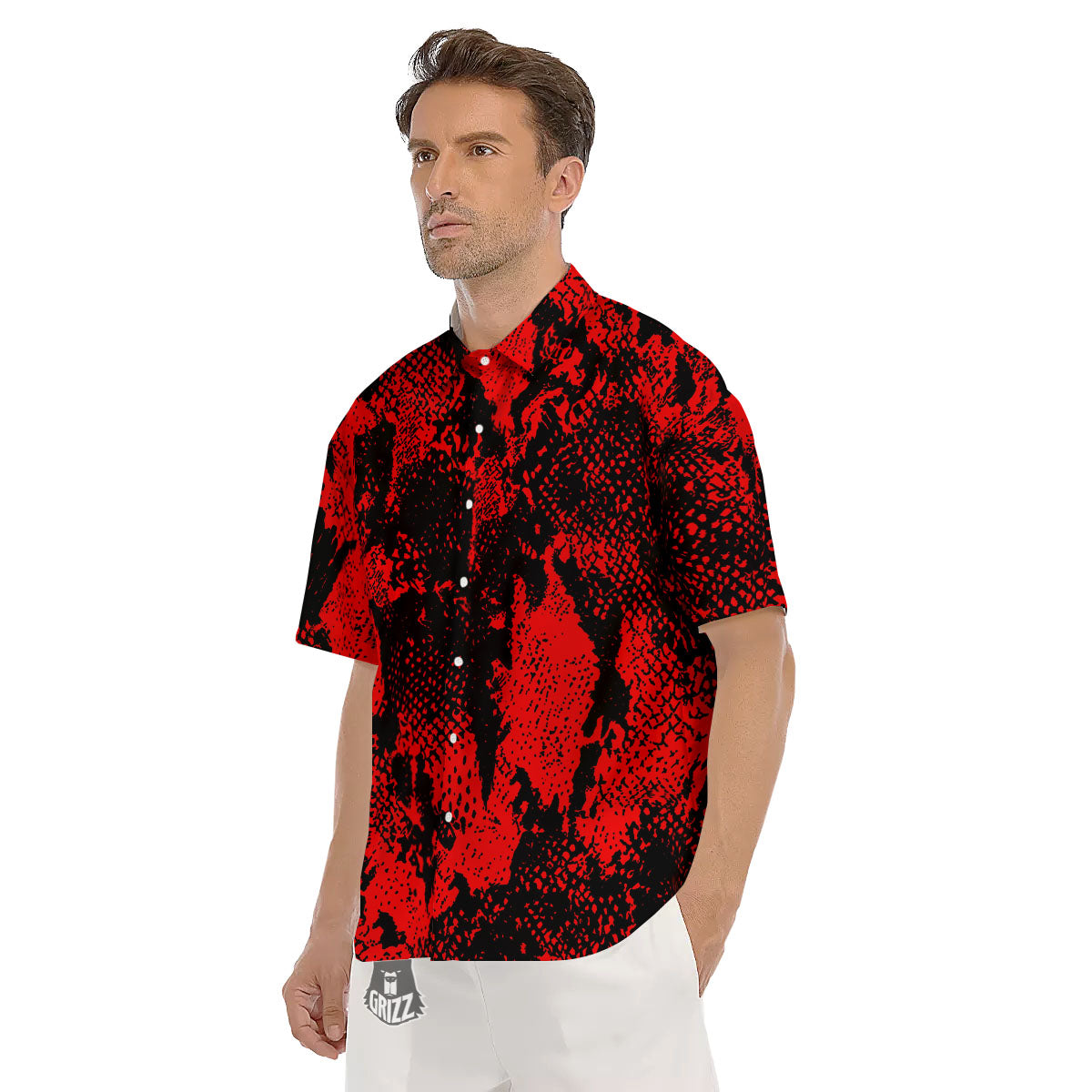 Snakeskin Black And Red Print Men's Short Sleeve Shirts-grizzshop