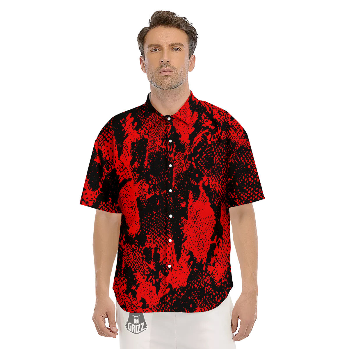 Snakeskin Black And Red Print Men's Short Sleeve Shirts-grizzshop