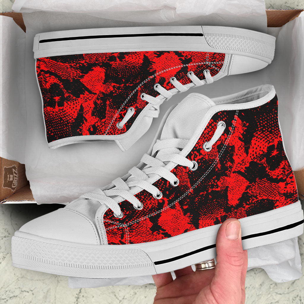 Snakeskin Black And Red Print White High Top Shoes-grizzshop