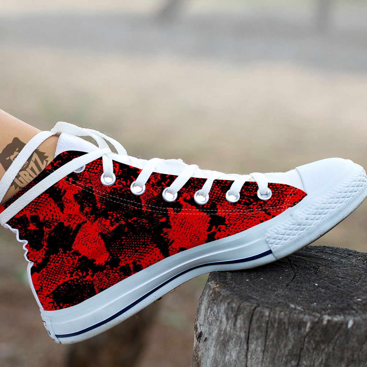 Snakeskin Black And Red Print White High Top Shoes-grizzshop