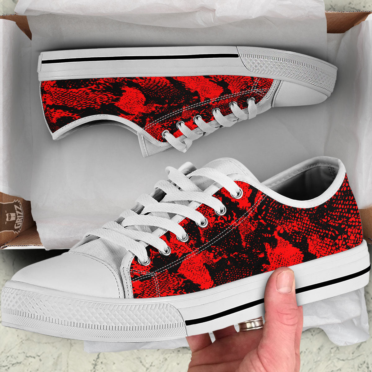 Snakeskin Black And Red Print White Low Top Shoes-grizzshop
